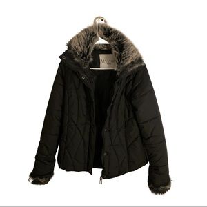 Attitude Knits Women’s Puffer Faux Fur Waist Length Black Winter Coat Size Small